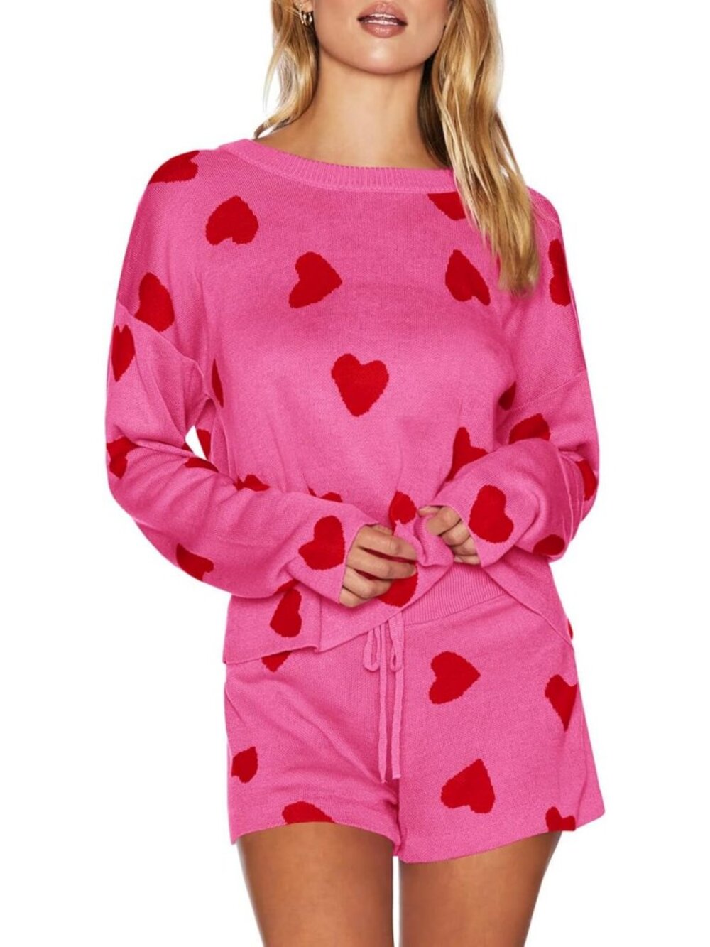 Valentine's Day Hearts Print Pajama Set | Long Sleeve Sweater & Shorts Outfit